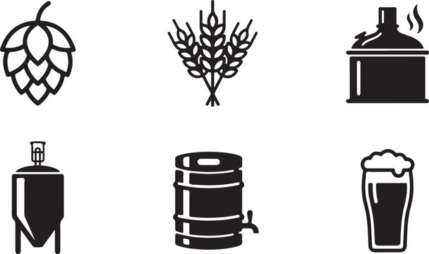 Set of black beer brewing and craft brewery icons including hop wheat kettle tank barrel and glass of cold beer Vector