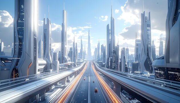 A futuristic cityscape with sleek skyscrapers and elevated roads (17)