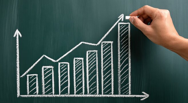 Hand draws ascending bar graph on chalkboard, depicting positive trend