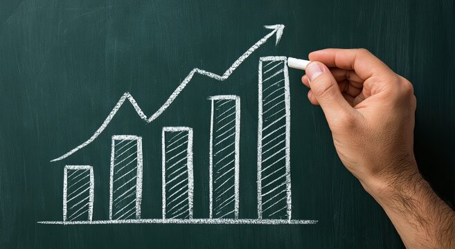 Chalk drawing of a bar graph with upward trending line on a chalkboard