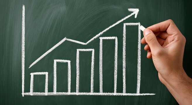 Upward trending bar chart with arrow drawn on chalkboard by a hand