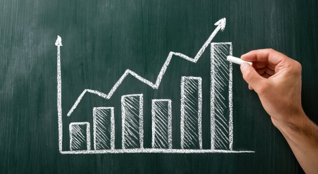 Chalk drawing of a bar graph with an upward trending line on blackboard
