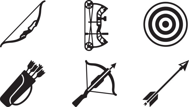 Set of black archery icons featuring bows, arrows, a target, and a quiver for hunting and sport shooting design projects Vector