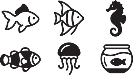 Set of black fish icons including goldfish angelfish seahorse clownfish jellyfish and a small fish inside a round bowl Vector © Alex