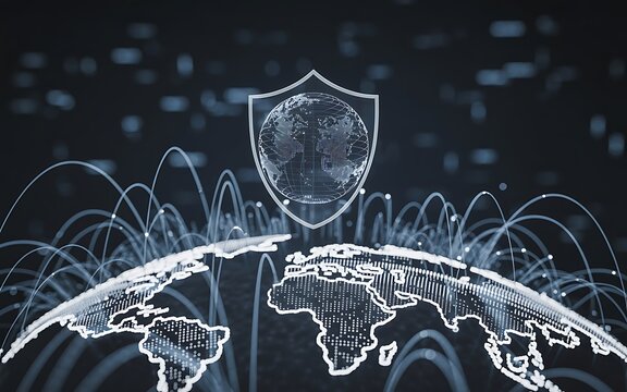 Global network security hologram with shield protecting earth from cyber threats.