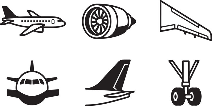 Set of black and white airplane icons including jet plane parts engine wing tail and landing gear for aviation design Vector
