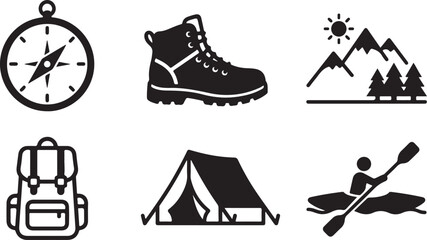Set of black camping and hiking icons including compass boot mountain backpack tent and kayaking on a travel adventure theme Vector © Alex