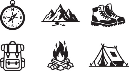 Set of black camping and hiking icons featuring a compass, mountain, boots, backpack, campfire, and a tent for adventure Vector © Alex