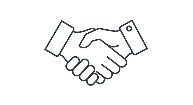 A simple line drawing of two hands shaking in a firm business agreement handshake gesture