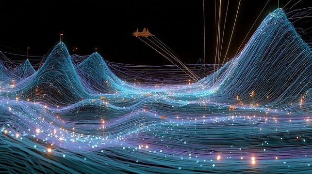 Satellite remote sensing visualization, terrain mesh, geospatial data and earth monitoring.