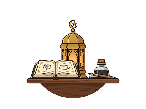 Islamic scholar desk with book and lantern