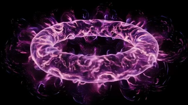 Dynamic footage of a mesmerizing glowing purple torus shape, pulsating with internal light and energy, set against a black void. Ideal for sci-fi, abstract, or mystical themes.