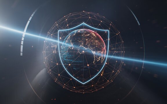 Cyber security global network protection digital shield technology abstract background.
