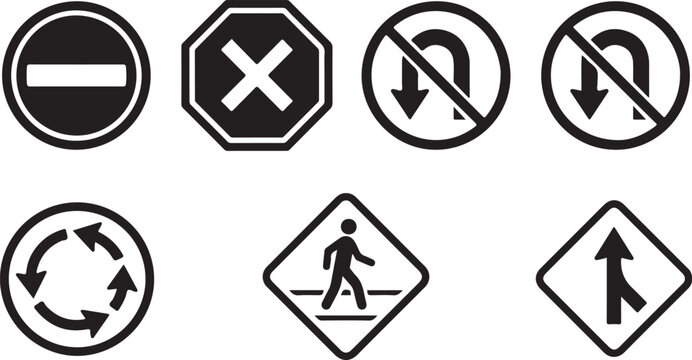 Set of black and white road traffic signs including no entry stop u-turn roundabout pedestrian crossing and merge symbols Vector