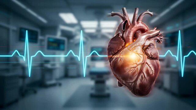 Human heart with ECG line in modern hospital room with medical equipment for cardiology and healthcare concept with doctor and patient background