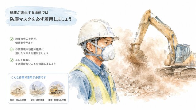粉塵が舞う建設現場で防塵マスクを着用し呼吸器保護を行う作業員のイラスト