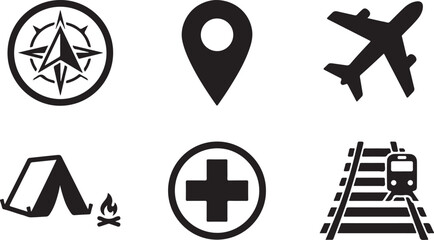 Set of black travel and navigation icons featuring compass map pin airplane camping tent hospital sign and train on tracks Vector © Alex