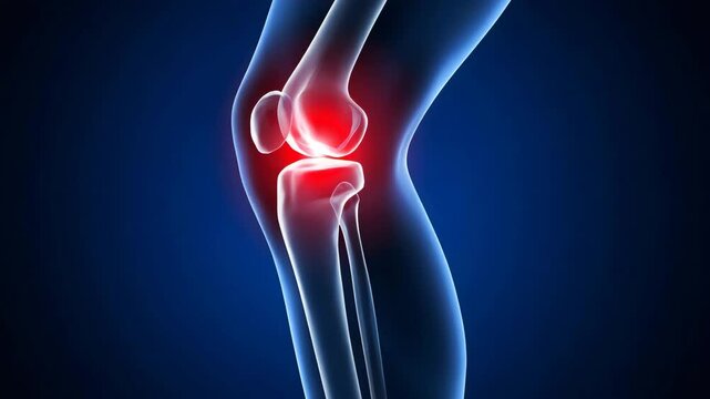 Medical Illustration of a Knee with Inflamed Joint Pain on Blue Background for Healthcare and Healthcare Marketing on Adobe Stock and Shutterstock