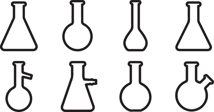 Set of simple black line icons of laboratory glass flasks and beakers for science research and chemical experiments Vector