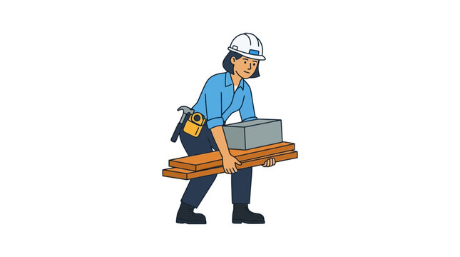 Female construction worker carrying lumber and brick, safety helmet, hard hat