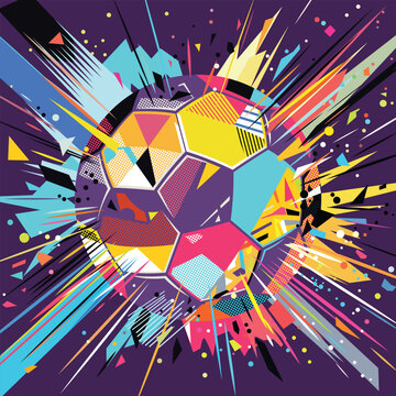 Abstract colorful geometric soccer ball and confetti exploded on purple square background