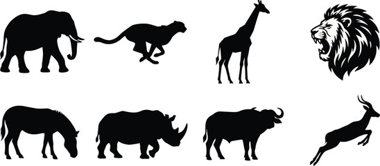 African Wildlife Silhouette Collection Featuring Elephant Cheetah Giraffe Lion Horse Rhinoceros Buffalo and Antelope Isolated Black Vector Animal Icons © Vectorial Arts