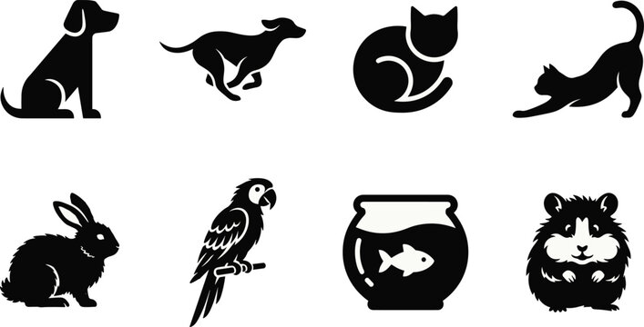Pet Animals Icon Set Featuring Dog Running Dog Cat Stretching Cat Rabbit Parrot Fish Bowl and Hamster Vector Collection