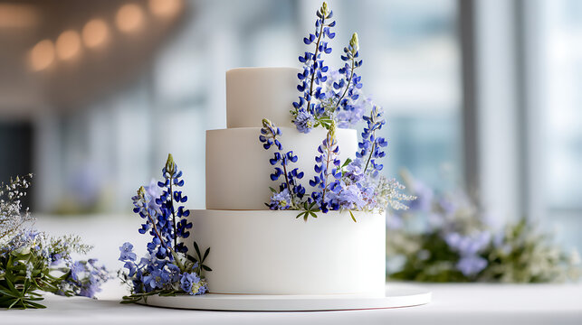 Elegant three tier white cake decorated with blue flowers