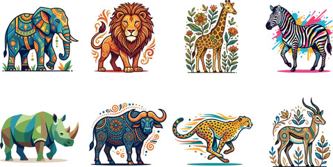 Colorful Wildlife Animal Illustration Collection Featuring Elephant Lion Giraffe Zebra Rhinoceros Buffalo Cheetah and Deer Decorative Vector Art Set © Vectorial Arts