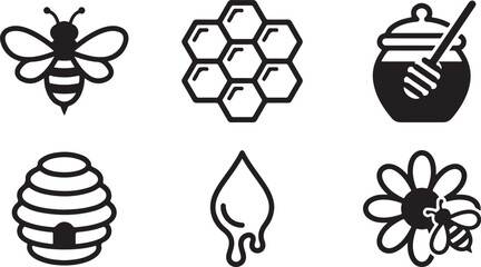 Set of black honey and bee icons including honeycomb hive dipper drop and flower for natural food design elements Vector © Alex