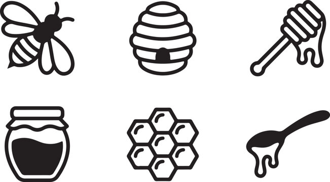 Set of simple black honey icons including a bee, beehive, honey dipper, glass jar, honeycomb pattern, and a spoon with honey Vector