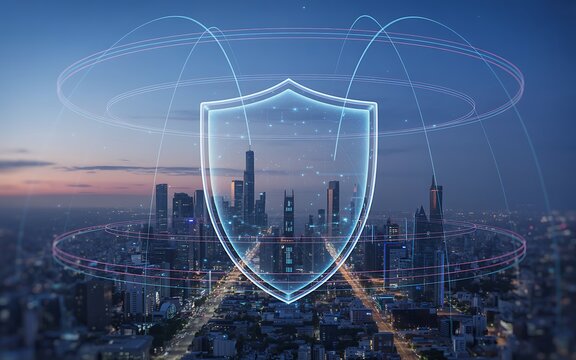 Digital shield protects city skyline against cyber threats and data breaches.