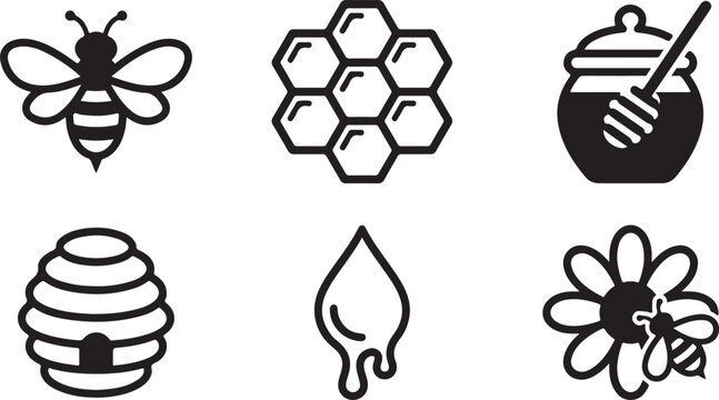Set of black honey and bee icons including honeycomb hive dipper drop and flower for natural food design elements Vector
