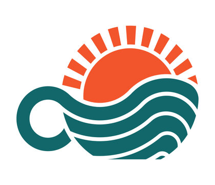 Retro-themed logo depicting a coffee cup with a sun rising over waves inside, featuring teal, orange, and beige colors for a warm, coastal coffee brand.