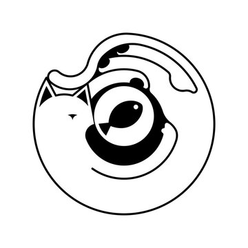 Minimalist circular vector logo a black-outline cat and central black-solid fish. Perfect for pet branding, combining cat and food themes in simple line art.