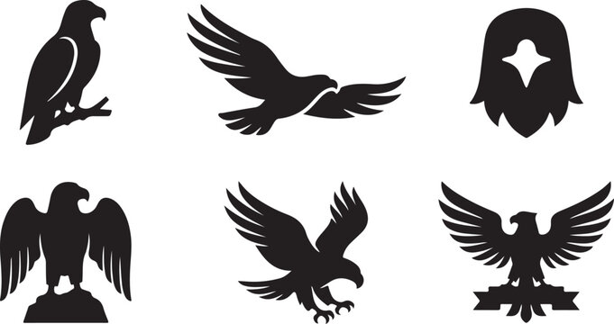 Set of black eagle silhouette icons showing birds in flight and perched poses for logos and professional emblem designs Vector