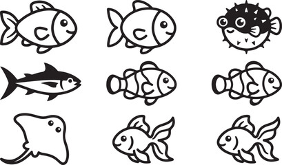 Set of cute cartoon fish icons with different species including puffer fish clown fish and stingray in simple line art style Vector © Alex