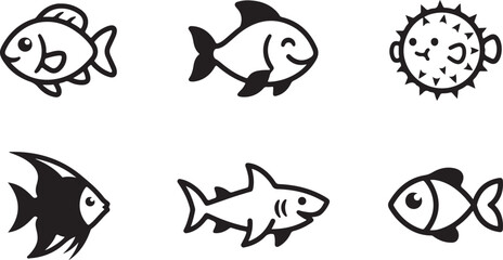Set of cute cartoon fish icons featuring different marine species including a shark and a pufferfish in a simple line art style Vector © Alex