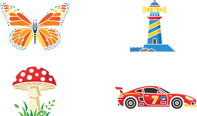 Obraz premium Set of colorful vector illustrations featuring butterfly lighthouse mushroom carSet of colorful vector illustrations featuring butterfly lighthouse mushroom car