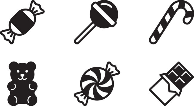 Set of simple black candy and sweet snack icons featuring lollipop chocolate bar gummy bear and peppermint hard candies Vector