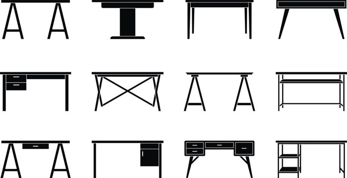 Set of black table and desk silhouette icons for office workspace and home interior design templates