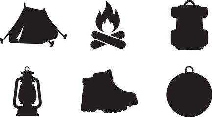 Set of black camping and hiking icons including tent bonfire backpack lantern boots and compass for outdoor travel adventure Vector © Alex