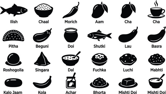 Set of traditional Bengali food and cuisine silhouette icons vectorSet of traditional Bengali food and cuisine silhouette icons vector