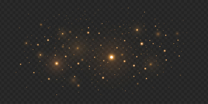 Golden magical lights with glowing bright particles on dark transparent background. Orange glittering dust for holiday, fantasy visuals or decorations. Vector illustration.