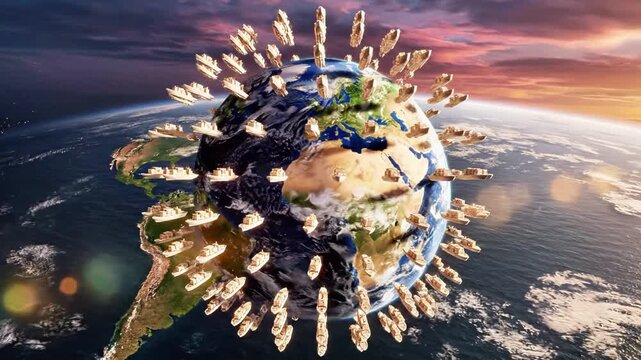 A computer-generated illustration of a large virus-like structure over a globe with protrusions