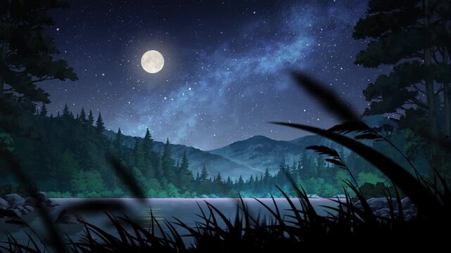 relaxing mountan lake surrounded with forest at full moon night starry sky with swaying tall grass loop in anime style
