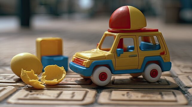 A yellow toy car with a red and yellow ball on top, near broken yellow egg