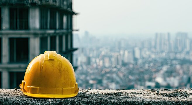 A solitary yellow hard hat rests on a ledge overlooking a hazy city skyline