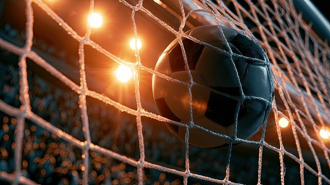 Ball in net, stadium lights glow