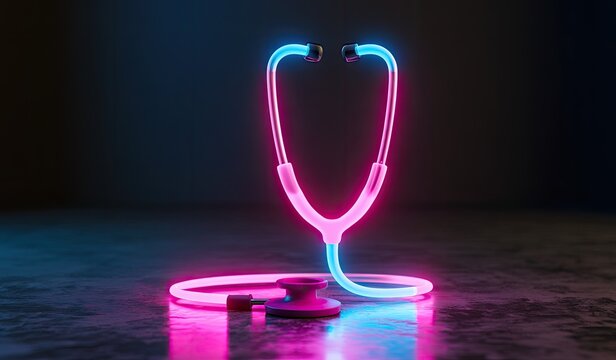 Glowing neon stethoscope on dark textured surface with pink and blue light